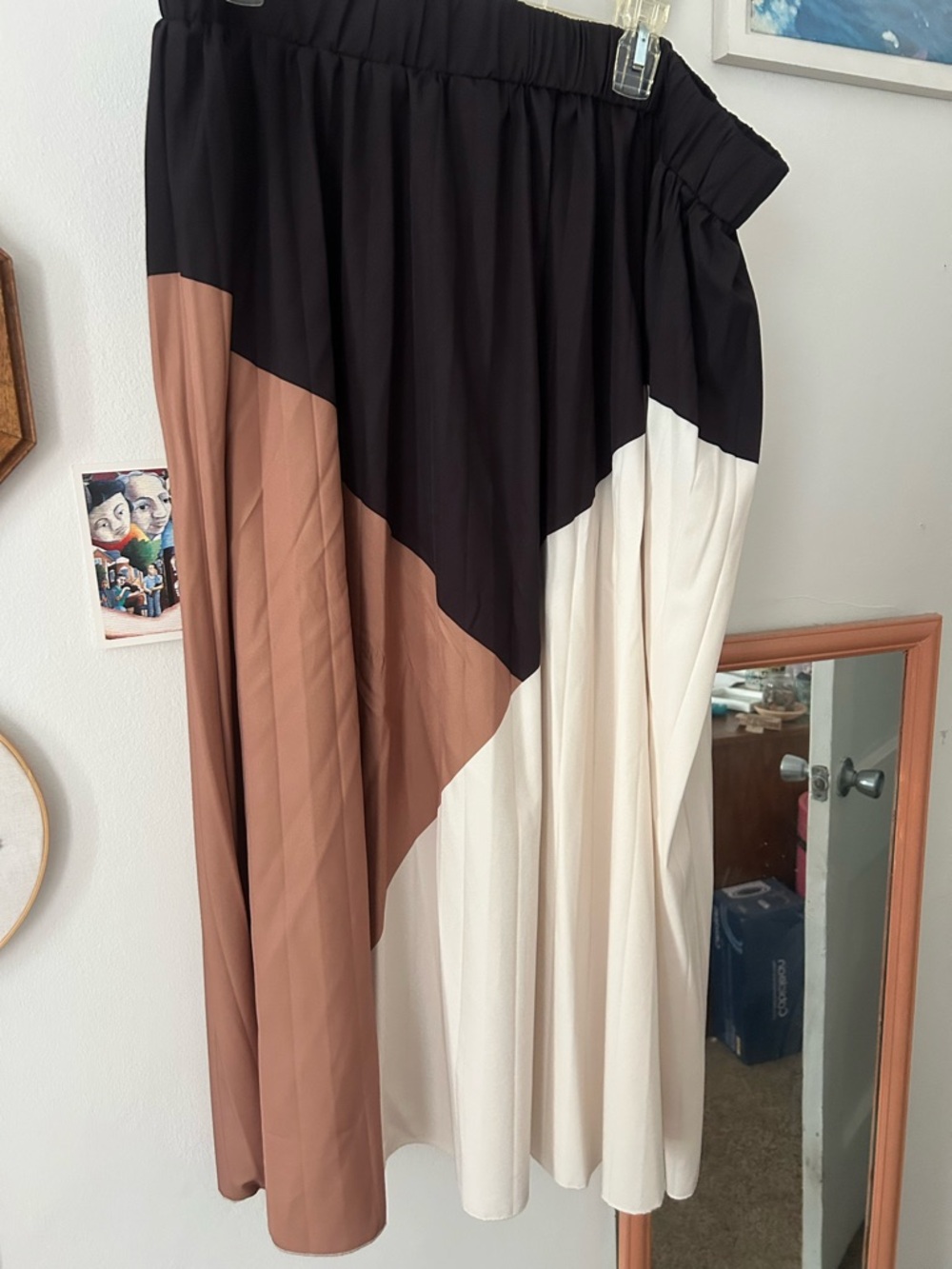 Colorblock Pleated Midi Skirt - Black, Brown & Cream